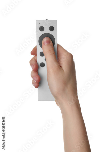 Wallpaper Mural Woman with remote control on white background, closeup Torontodigital.ca