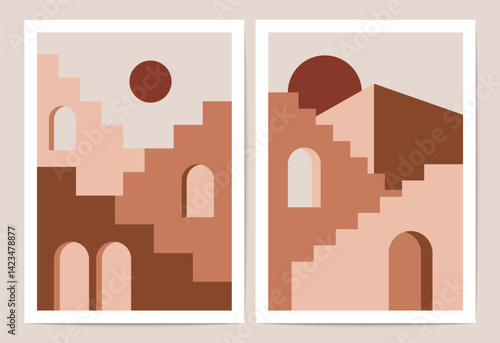 Abstract boho houses. Geometric architecture stairs windows doors, minimal modern house building with mid century stairway. Vector contemporary staircase poster set
