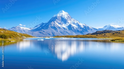 Majestic snow-capped mountain reflected in serene alpine lake, clear blue sky and surrounding grassy hills, and tranquil nature landscape.