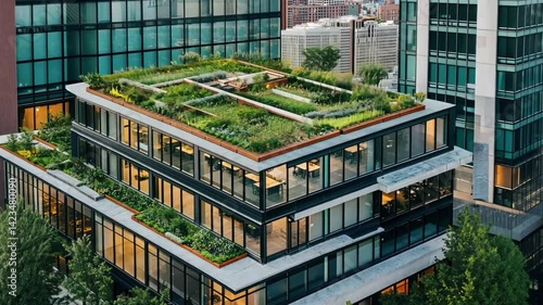 Modern urban building with rooftop garden and interior spaces.