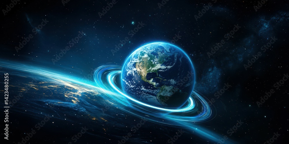 Obraz premium A breathtaking view of Earth surrounded by glowing rings in a cosmic setting.