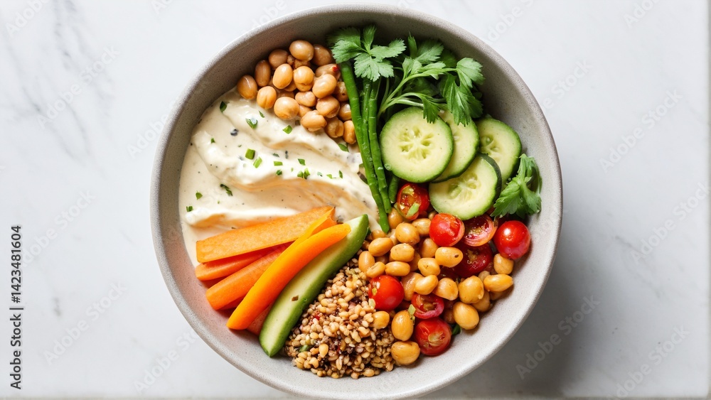 Nutrient-Rich Grain Bowl with Creamy Sauce, Fresh Vegetables, and Legumes: A Wholesome and Colorful Culinary Creation. Nutrient-Rich Grain Bowl with Creamy Sauce, Fresh Vegetables, and Legumes: A Wholesome and Colorful Culinary Creation.