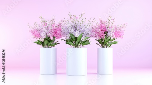 Three vases of pastel flowers on a pink backdrop