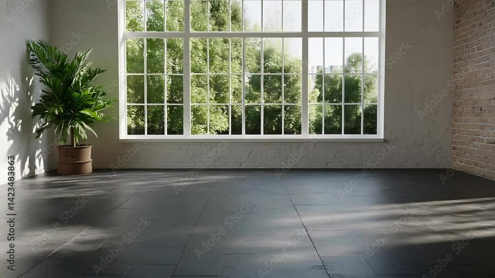 Spacious interior with large windows showcasing greenery outside, ideal for relaxation or work Spacious interior with large windows showcasing greenery outside, ideal for relaxation or work