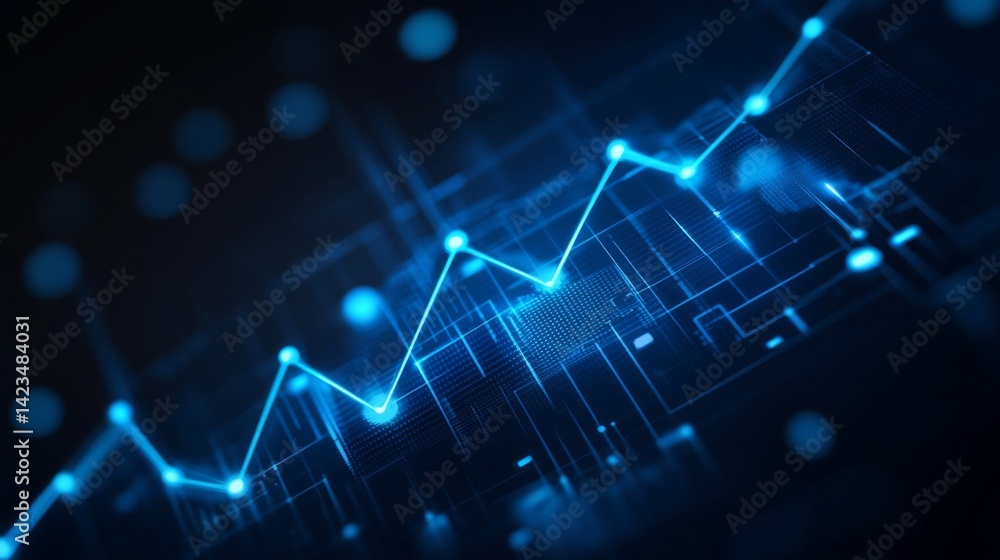 A D financial line graph with smooth, curving lines connecting glowing points, showing a steady upward trend against a dark digital landscape