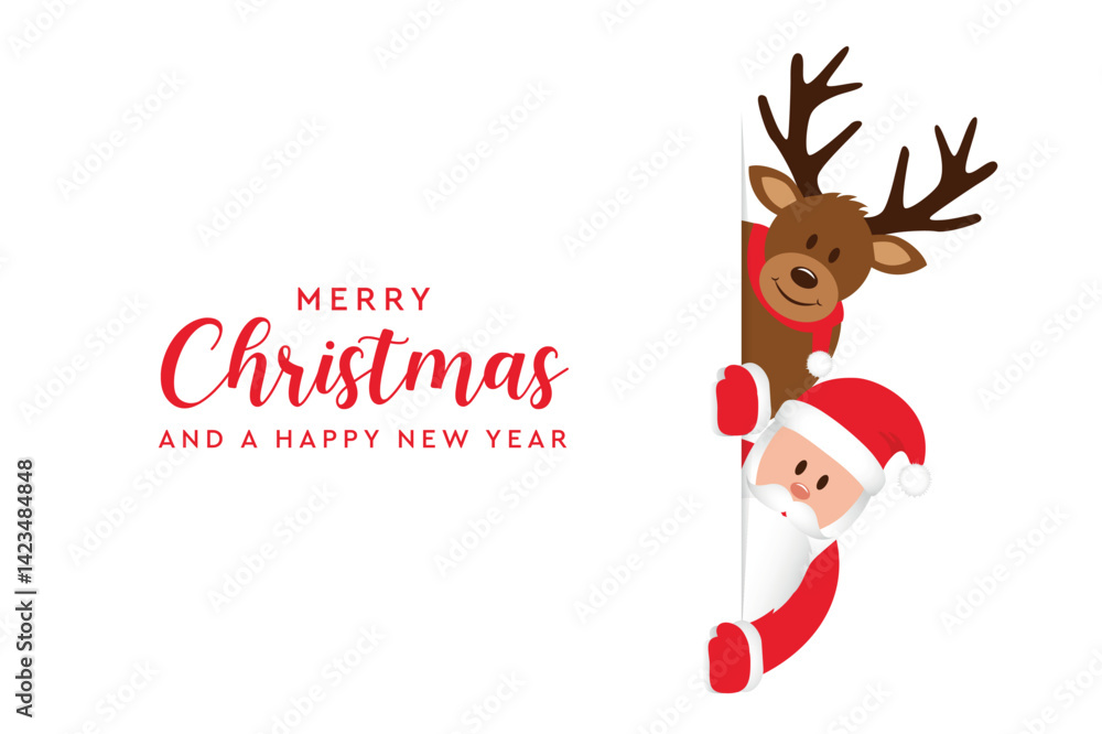 Fototapeta premium santa and deer christmas cartoon on white banner vector illustration