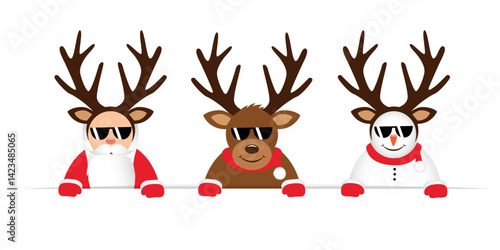 funny christmas cartoon with cute reindeer santa claus and snowman with sunglasses and antler vector illustration
