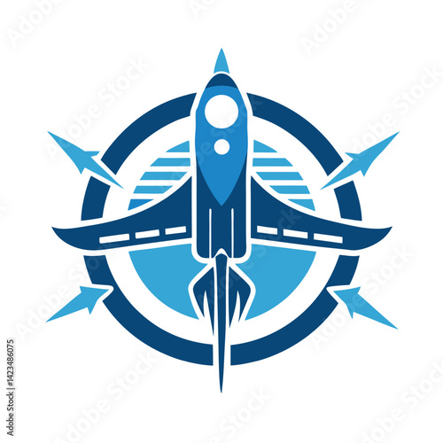 Innovative minimalist logo design for aerospace engineering company showcasing sleek rocket motif and modern blue color scheme