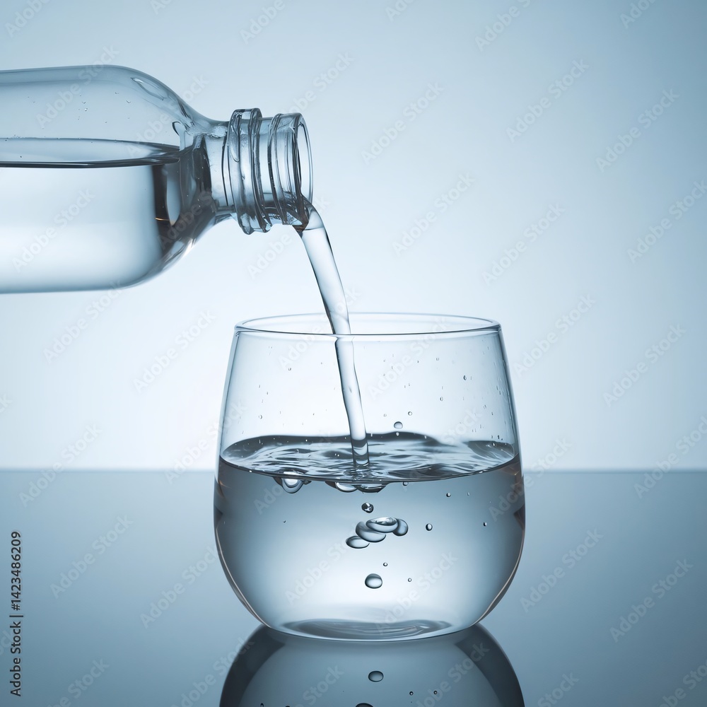 Pouring Fresh Water from Bottle into Glass on Blue Background Pouring Fresh Water from Bottle into Glass on Blue Background