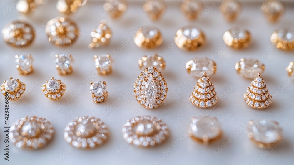 A beautiful arrangement of various styles of diamond earrings, including studs and drops, set on a white marble background, emphasizing their shine A beautiful arrangement of various styles of diamond earrings, including studs and drops, set on a white marble background, emphasizing their shine