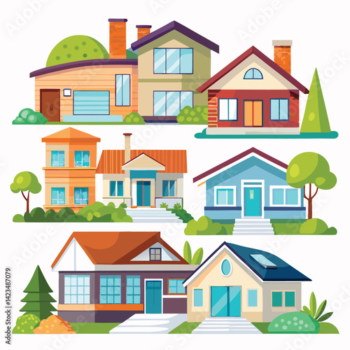 Collection of Colorful Suburban Houses and Landscaping