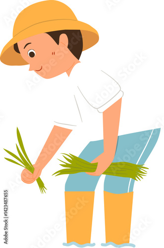 Student boy planting rice 