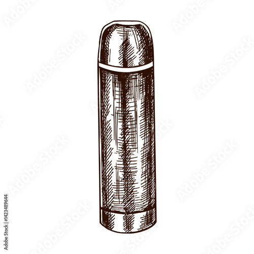 Hand drawn vintage sketch of metal thermos bottle for hot drink, insulated travel mug, brown monochrome illustration isolated on white background
