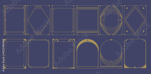 Boho and Art Deco minimalist frames collection. Elegant thin linear borders and arches with stars. Abstract geometric decoration ornate template, gold line on dark blue color  background