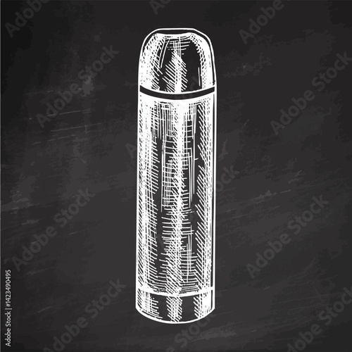 Hand drawn vintage sketch of insulated thermos bottle for hiking and travel on chalkboard background