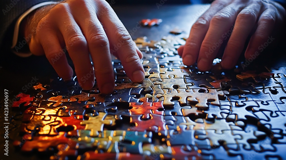 Businessmen's hands holding puzzle pieces, symbolizing teamwork and collaboration to achieve shared goals and success Businessmen's hands holding puzzle pieces, symbolizing teamwork and collaboration to achieve shared goals and success