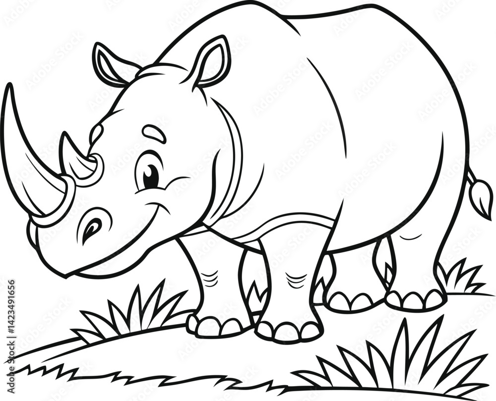 Fototapeta premium Cute Cartoon Rhino Outline Drawing for Coloring Book