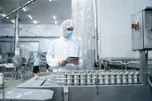 Industrial worker using digital tablet inspecting food process for production quality control in the operation of canned fish machine. the manufacturing line of fish factory