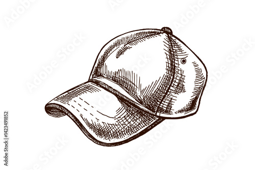 Hand drawn vintage sketch of baseball cap with visor in engraving style, isolated vector illustration
