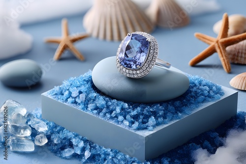Elegant Blue Gemstone Ring on Soft Blue Background with Shells