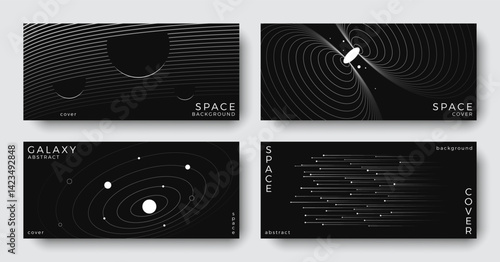 Set of abstract space astronomy horizontal backgrounds. Line art planet, galaxy, solar system, meteorite. Science future concept. Cosmic minimalist design for cover, poster, banner, flyer, brochure