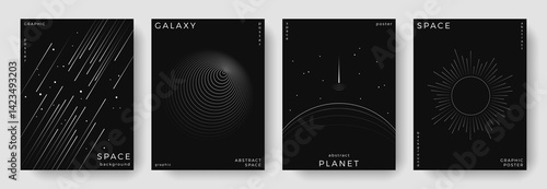 Set of abstract space astronomy backgrounds. Line art planet, galaxy, black hole, solar system, meteorite. Science future concept. Cosmic minimalist design for cover, poster, banner, flyer, brochure