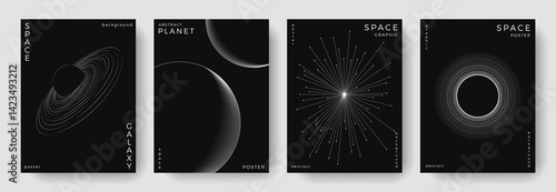 Set of abstract space astronomy backgrounds. Line art planet, galaxy, eclipse, black hole. Science future concept. Cosmic minimalist design for cover, poster, layout, banner, flyer, brochure