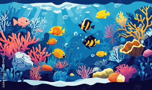 Underwater Marine Life Scene with Colorful Fish and Coral Reefs in Minimalist Style