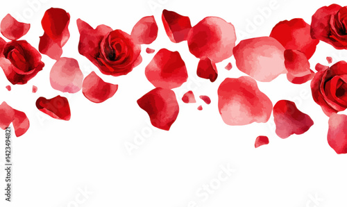 Romantic Watercolor Red Rose Petals Falling Elegantly on White Background for Floral Decor