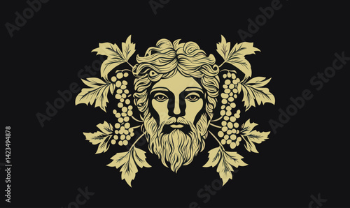 Vintage Bacchus Logo with Grapes and Leaves for Winemakers, Brewers, Bars and Restaurants