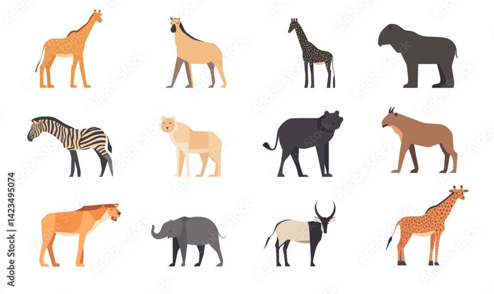 Obraz premium Flat Minimalist Safari Animals Vector Illustration Set for Design Projects