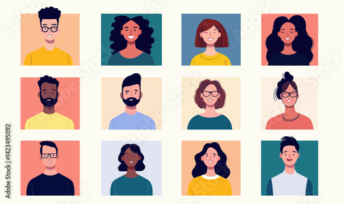 Diverse People Portraits in Vibrant Colors: Multiracial Vector Icon Set