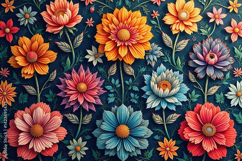 Intricate floral textile design, repeating motif, design, floral, organic Intricate floral textile design, repeating motif, design, floral, organic