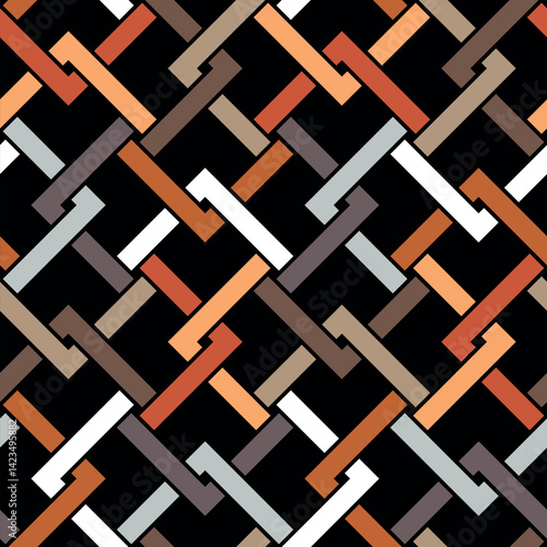 Seamless abstract geometric pattern with orange, brown, and white interlocking squares and lines on a black background. Intricate decorative grid. Retro design style. Vector illustration. 