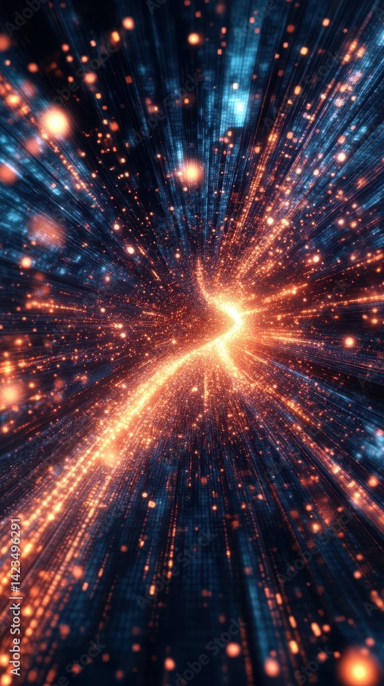 Naklejka premium Colorful digital explosion of light and particles creating a cosmic effect in a dark background