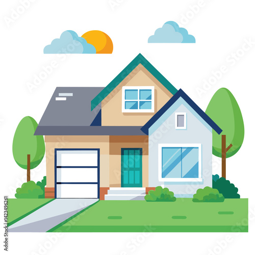 Cartoon Suburban House with Garage and Green Lawn