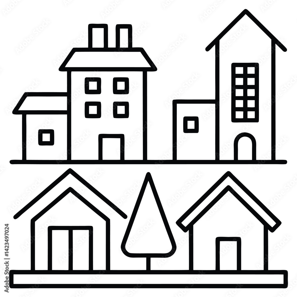 Simple Line Art Illustration of a Small Town Simple Line Art Illustration of a Small Town