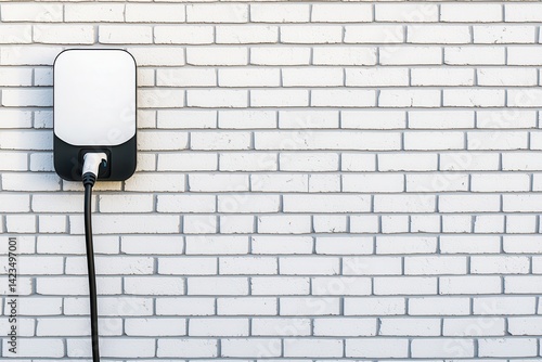 A modern electric vehicle charging setup against a textured brick wall background.