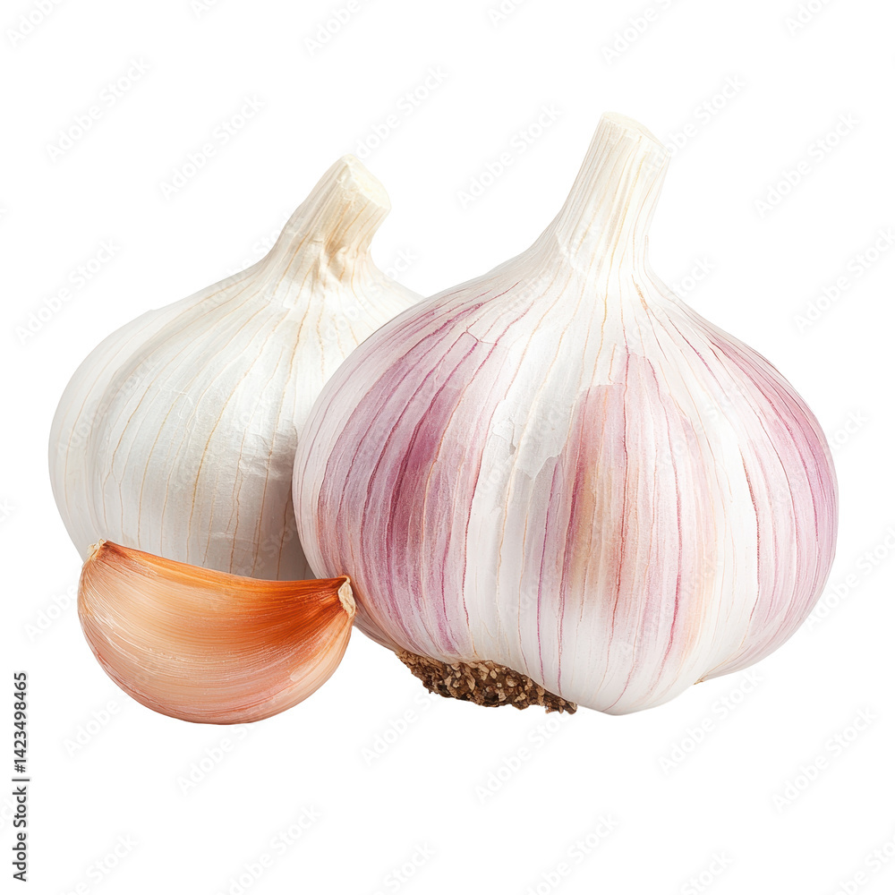 Obraz premium Fresh whole garlic bulb with a peeled clove isolated on transparent background, close-up view of fresh edible aromatic vegetable ingredient for cooking.