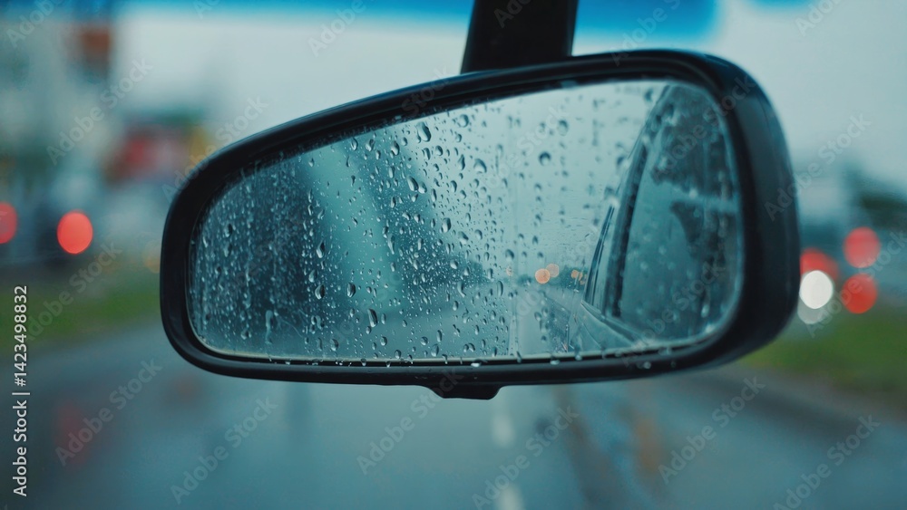 A rainy day view from a car's side mirror, showing wet roads and the reflection of vehicles. A rainy day view from a car's side mirror, showing wet roads and the reflection of vehicles.