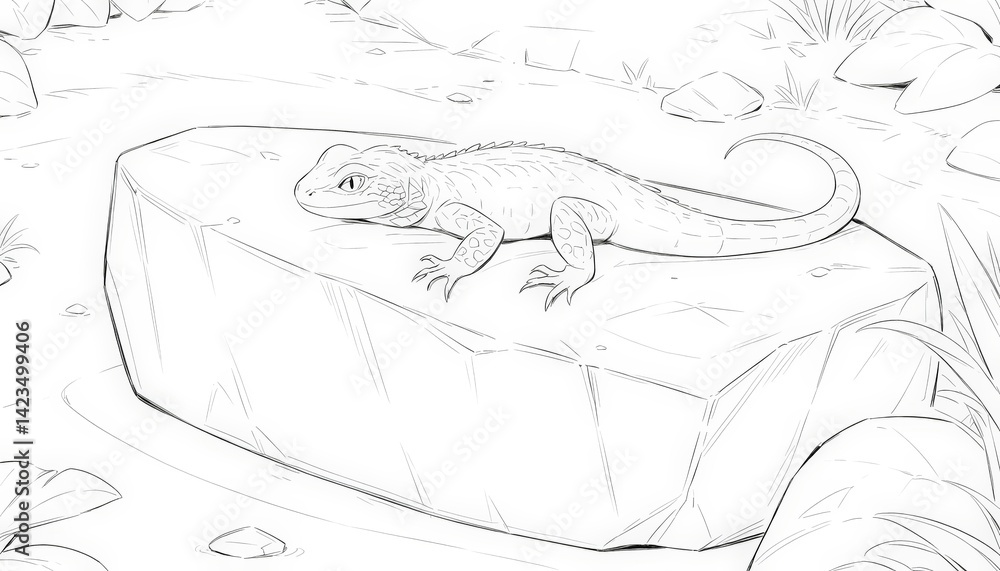 Naklejka premium A detailed sketch of a lizard relaxing on a rock basking in the sun, reflecting its calm behavior in its natural environment. Alphabet Letter Coloring Page