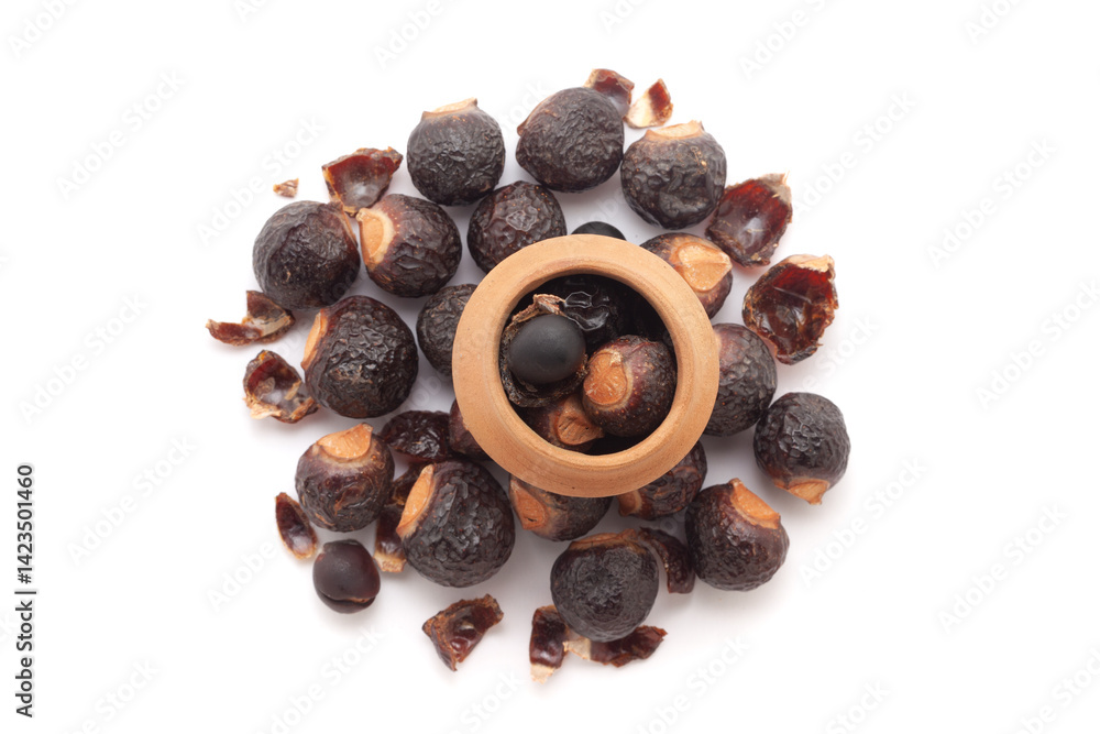 Obraz premium A mud pot filled with organic Soapnuts or Reetha (Sapindus mukorossi) is placed on a heap of Soapnuts berries, isolated on a white background.