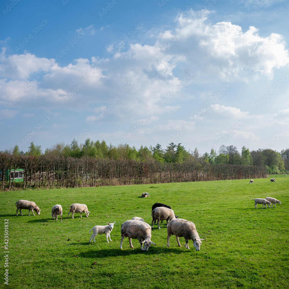 sheep and lambs in meadow on utrechtse heuvelrug near doorn in holland