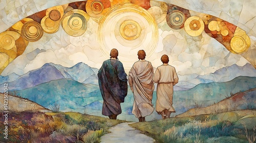 Jesus in center flanked by two disciples, walking the road to Emmaus in a tranquil Art Nouveau composition, valley behind them painted in swirling lines and floral elements,
