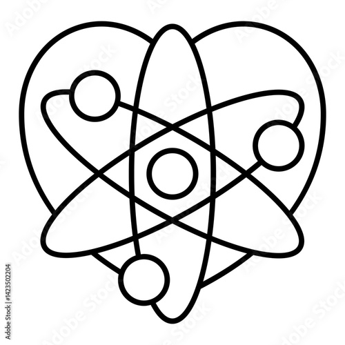 Heart shape with atom thin line icon, laboratory experiment concept. Vector graphics. Atom structure with elements sign on white background, linear style for mobile or design.