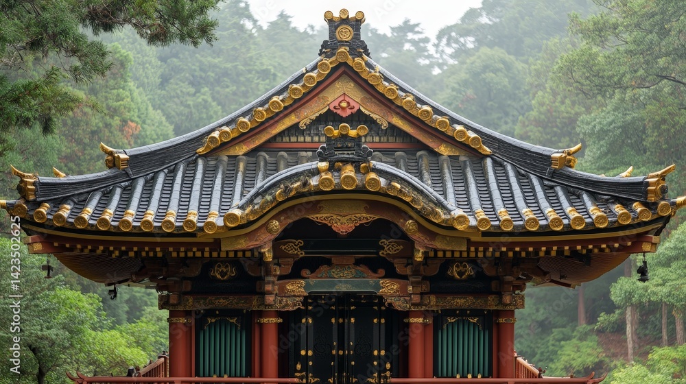 Obraz premium Intricate Japanese Temple Roof with Golden Detailing