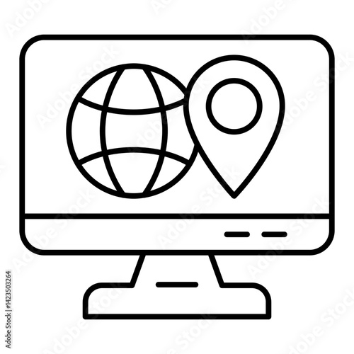 Monitor with globe and location pin thin line icon, world delivery concept. Vector graphics. Display with planet map, screen sign on white background, linear style for mobile or design.