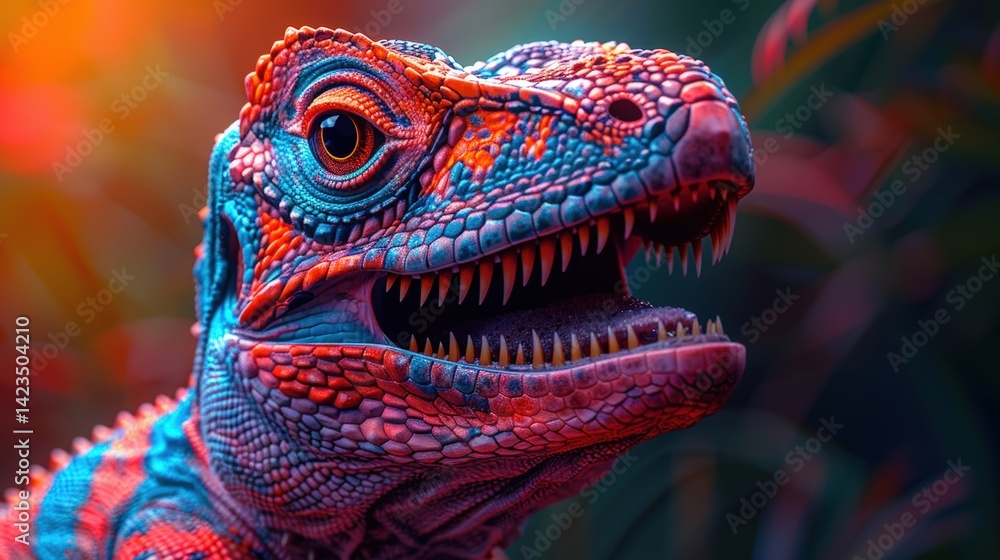 Obraz premium Colorful Dinosaur Portrait with Detailed Scales and Sharp Teeth in Jungle Ambience