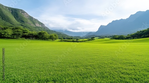 Vast vibrant green meadow stretching towards majestic mountains under a blue sky with soft white clouds on a bright sunny day.