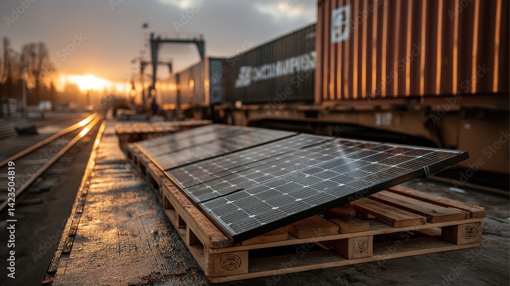 Solar Panels Installed on Wooden Pallets at Sunset with Cargo Containers at Dock, Concept of Sustainable and Clean Energy Solar Panels Installed on Wooden Pallets at Sunset with Cargo Containers at Dock, Concept of Sustainable and Clean Energy